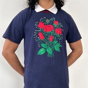 Vtg. Early 90s Morning Sun Rose Bouquet Collared T-Shirt